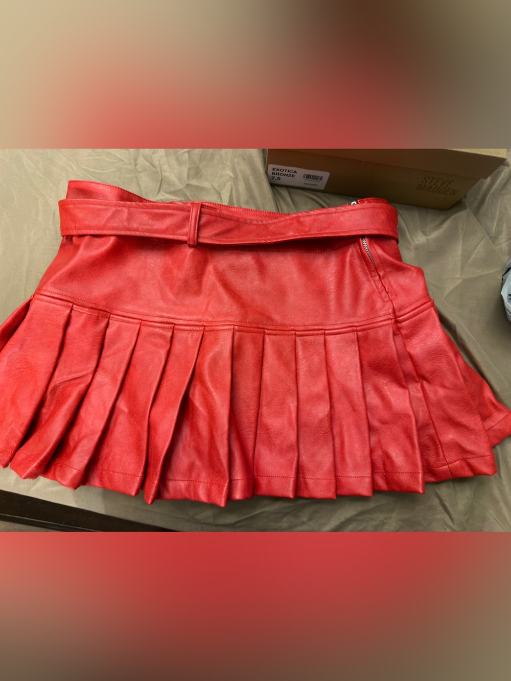 Fashion Nova Red Pleated Faux Leather Mini Skirt with Studded Belt - Picture 2 of 10